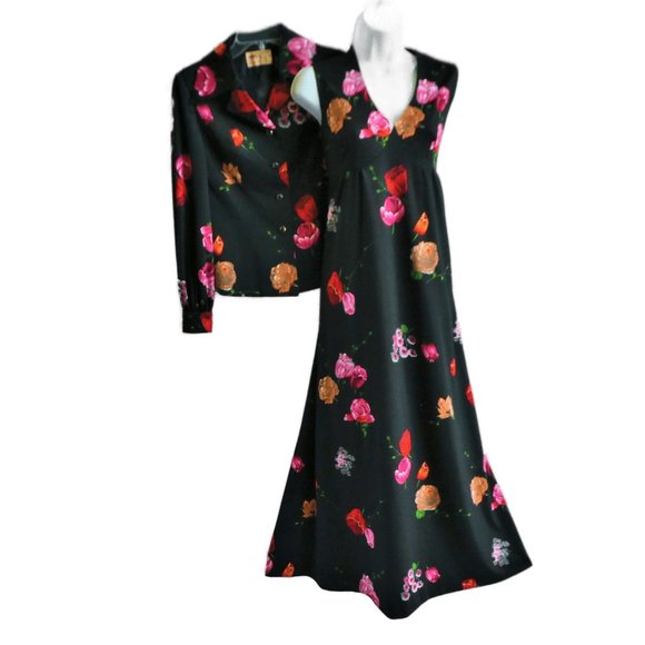 Vintage 70s Maxi Dress Jacket Suit Set Black Floral Sweetheart V Neck
